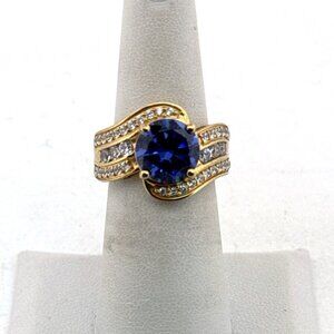 Estate Sterling Silver 925 Gold Tone Ring Blue Sapphire & CZ Accents Size 6